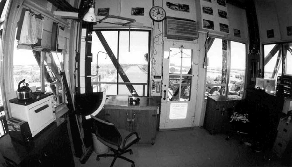 Photo 6. Looking north from inside bridge operator control room with bridge in fully raised position (using fish-eye camera lens).