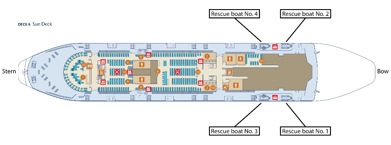 Diagram showing the locations of the 4 rescue boats on deck 6 of the Spirit of Vancouver Island (Source: CruiseMapper, with TSB annotations)