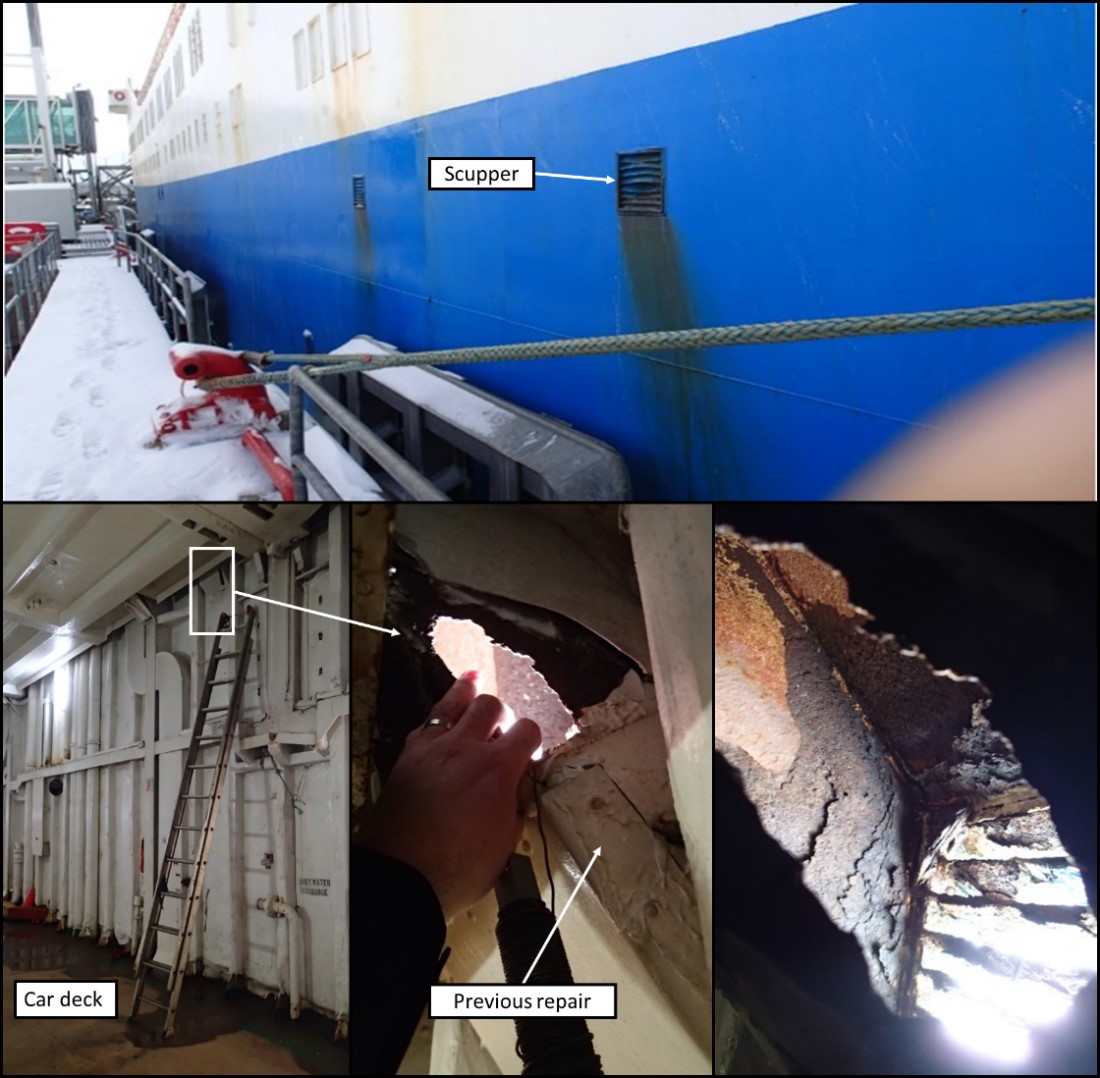 Scupper rusted through to car deck (Source: TSB)