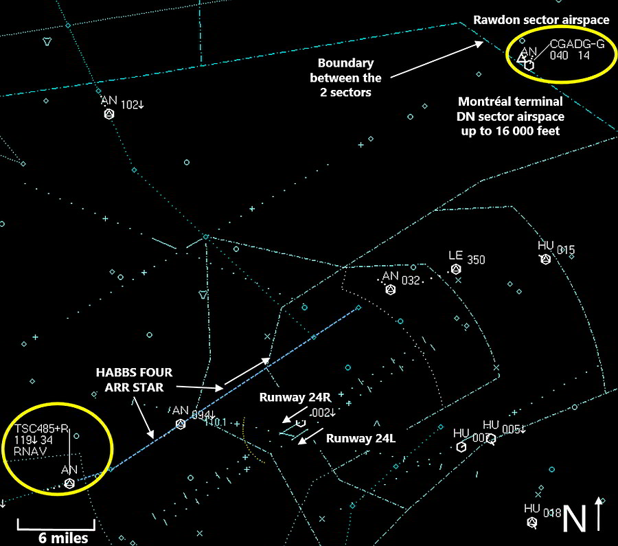  Close-up view of the Canadian Automated Air Traffic System  Situation Display for the Montréal terminal specialty airspace, showing the  Cessna (C-GADG) entering the Montréal terminal DN sector airspace at 4000  feet. The Airbus (TSC485) is 18 nm west of the airport. (Source: NAV CANADA,  with TSB annotations)