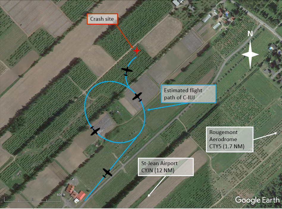 Estimated flight path of the occurrence aircraft (Source: Google Earth, with TSB annotations)