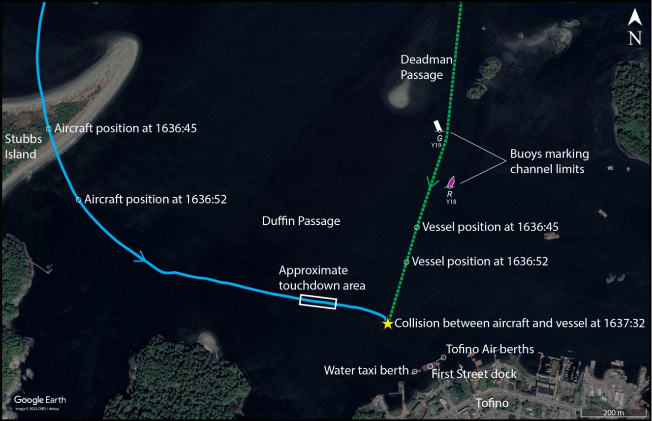 Map showing the approximate track of the aircraft (solid line) and vessel (dashed line) (Source: Google Earth, with TSB annotations)