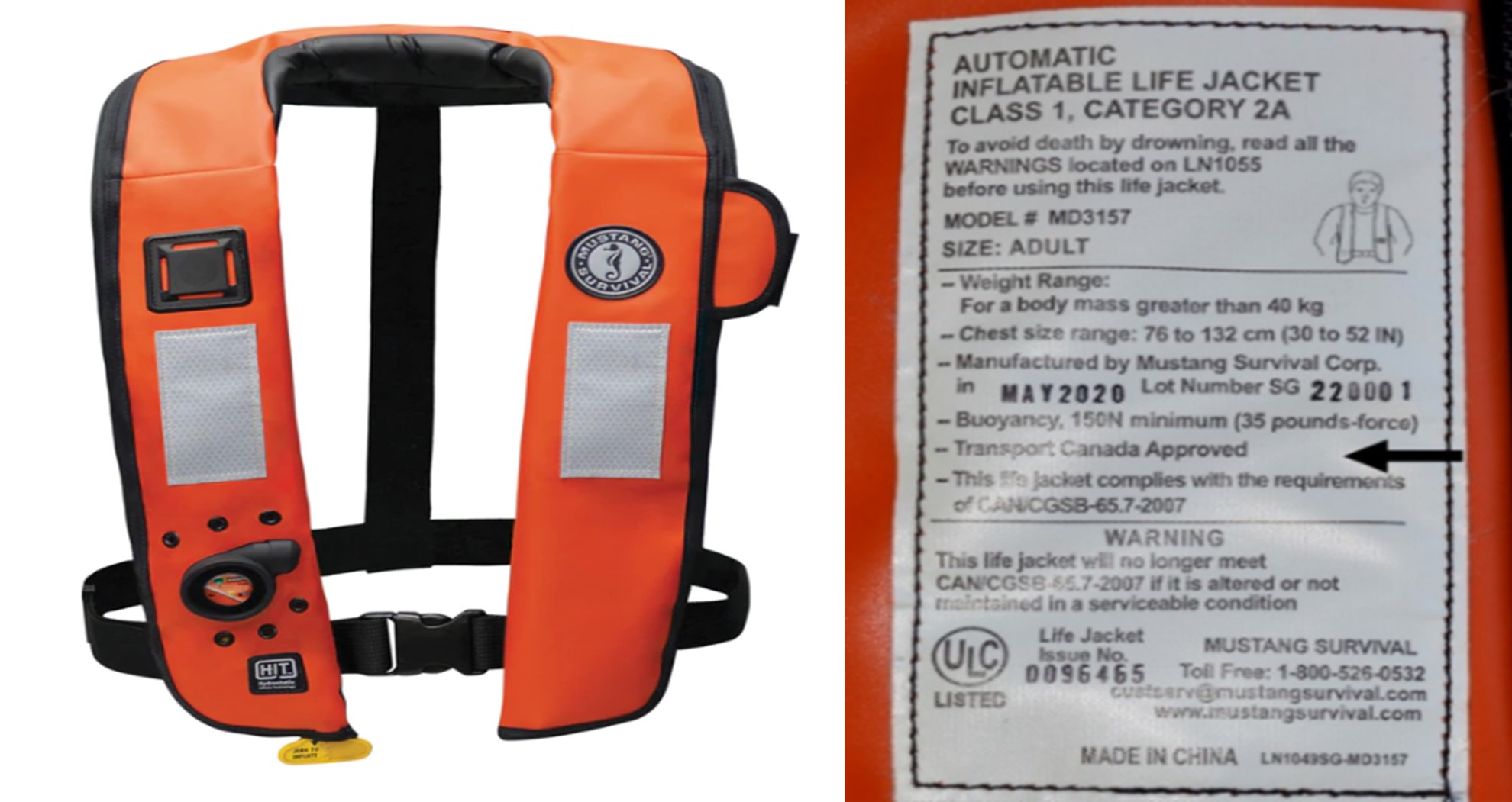 Photo of the type of personal flotation device worn by the occurrence pilot (left) and its identification tag (right) (Source: Mustang Survival, with TSB annotations)