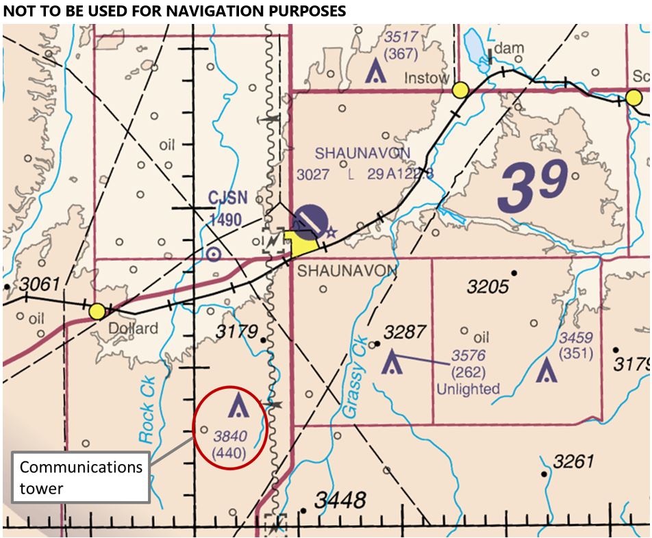 Magnified view of the Regina VFR Navigation Chart (AIR 5006), showing the depiction of the communications tower (Source: NAV CANADA, Regina VFR Navigation Chart [AIR 5006], 34th edition [February 2022], with TSB annotations)