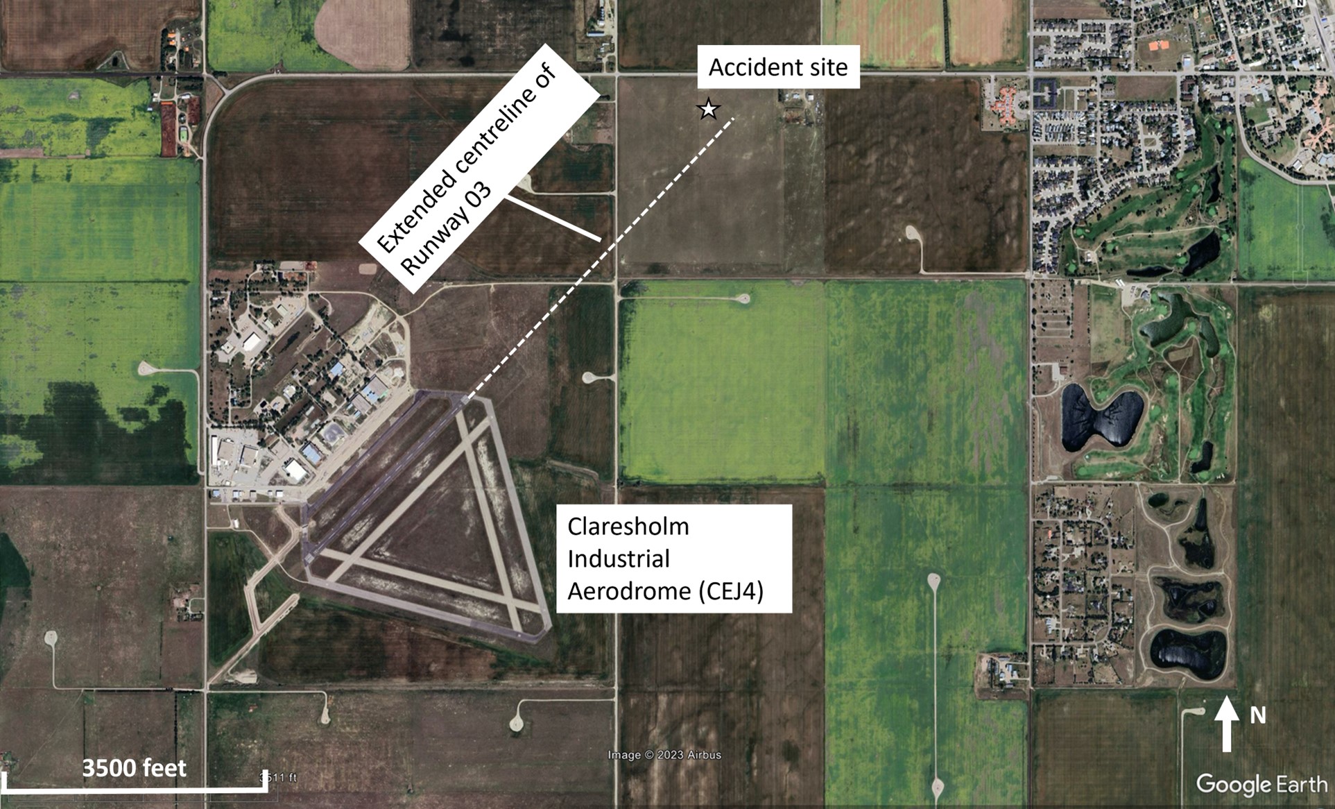 Map showing the aerodrome and accident location (Source: Google Earth, with TSB annotations)
