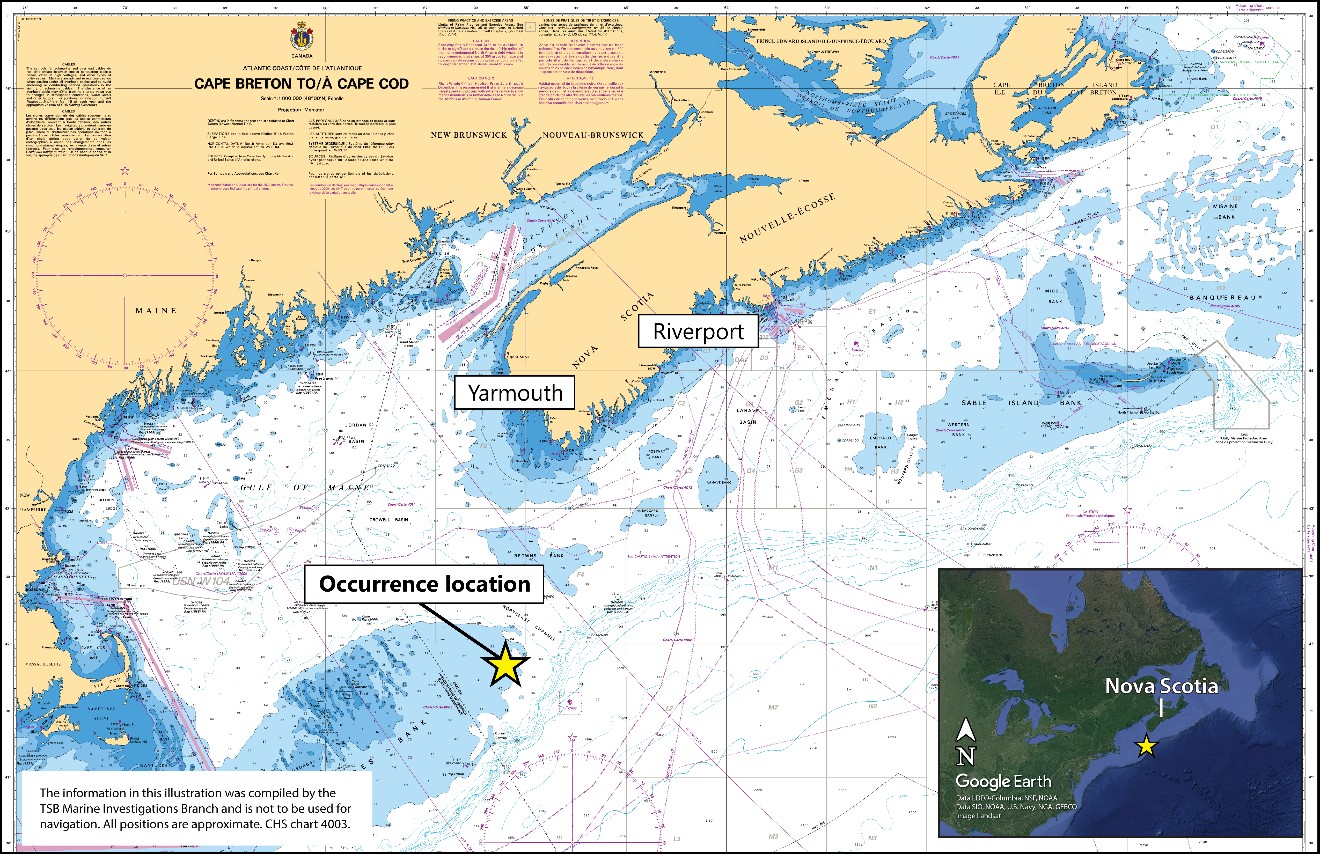 The Atlantic Destiny was fishing near Georges Bank, Nova Scotia (Source: Canadian Hydrographic Service chart 4003 and Google Earth inset, with TSB annotations)