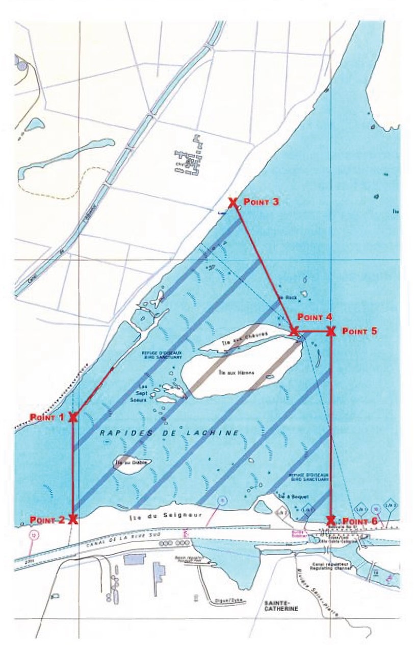 Diagram of nautical exclusion zone in the Lachine Rapids (Source: Service de sécurité incendie de Montréal, Rapport chavirement de l’unité 1802 le 25 mars 2010 (February 2011)