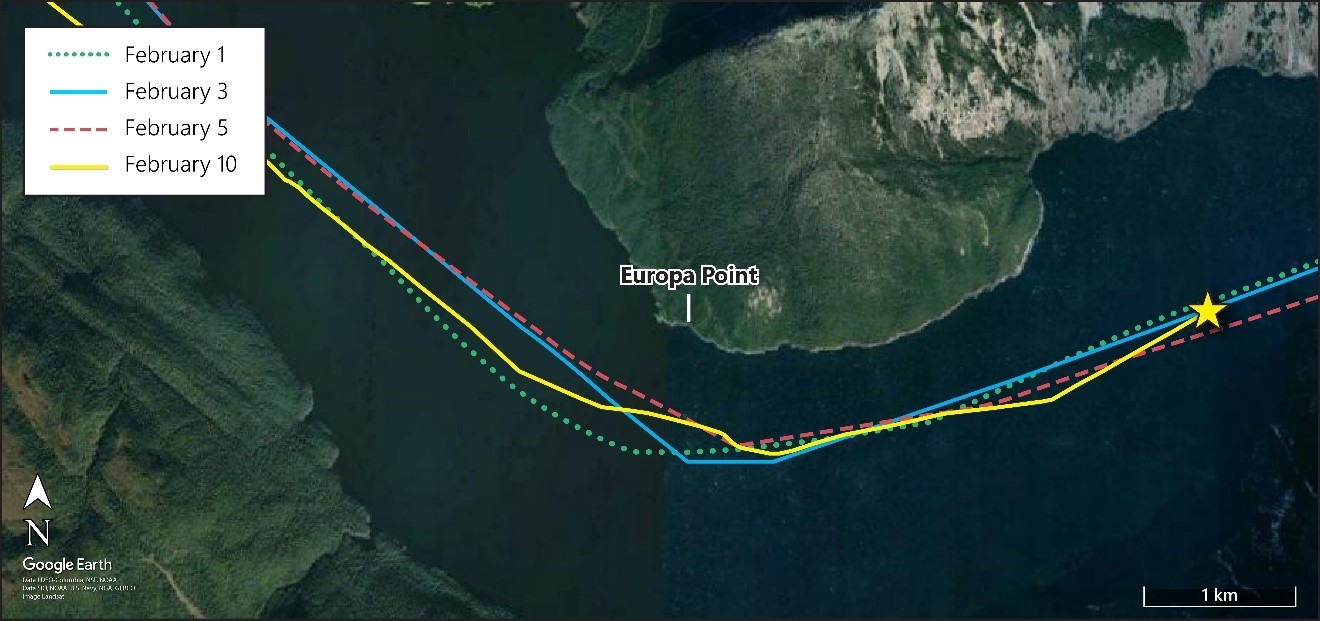 Comparison of route followed on the occurrence voyage with routes followed on previous voyages (Source: Google Earth, with TSB annotations)