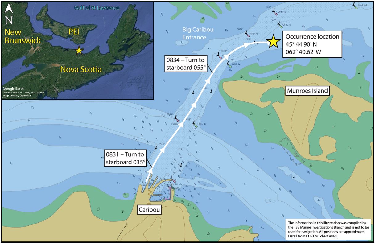 Map of the occurrence, showing where the vessel left the channel (Source of main image: Canadian Hydrographic Service chart 4940, with TSB annotations. Source of inset map: Google Earth, with TSB annotations)