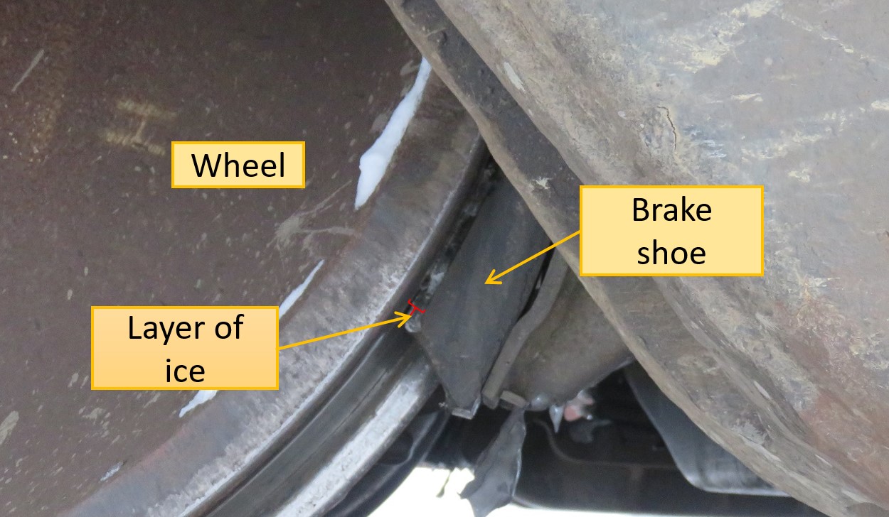 Layer of ice between a wheel and a brake shoe on car HS 3205 (Source: TSB)