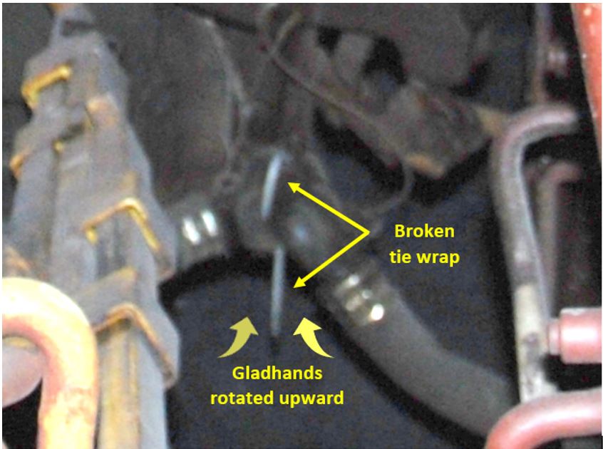 End hose gladhand couplings tie-wrapped together on one of the derailed SOO centrebeam cars (Source: TSB)