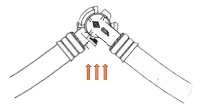Coupled gladhand couplings in a peaked orientation due to upward force (Source: Y. Wang, “Brake System End Arrangement Tests,” presented at the Railway Supply Institute Expo and Technical Conference, Fort Worth, Texas, 11–13 October 2022.)