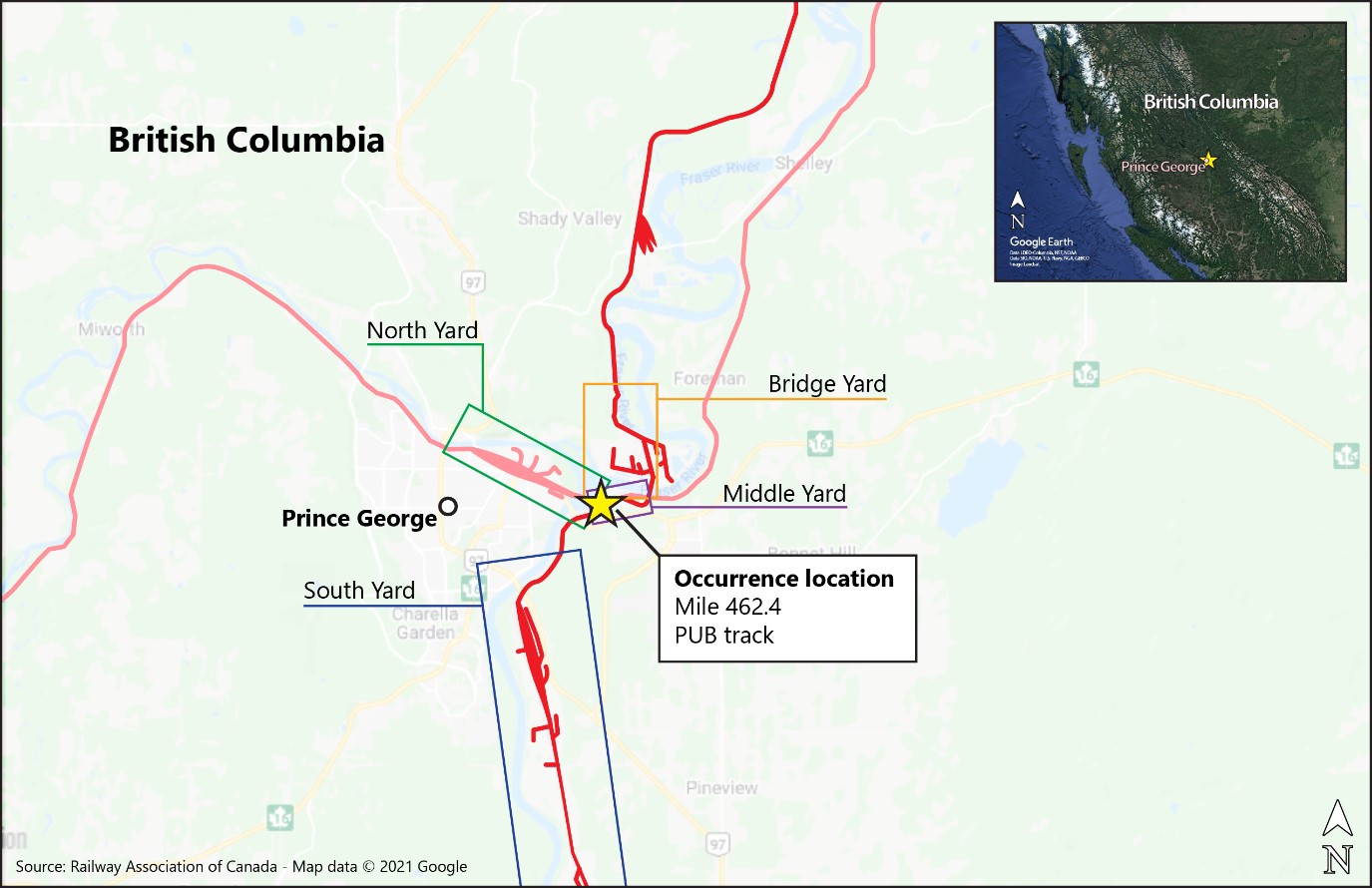 Map showing the occurrence location, with inset map showing the location of Prince George, British Columbia (Source of main image: Railway Association of Canada, Canadian Rail Atlas, with TSB annotations; source of inset image: Google Earth, with TSB annotations)