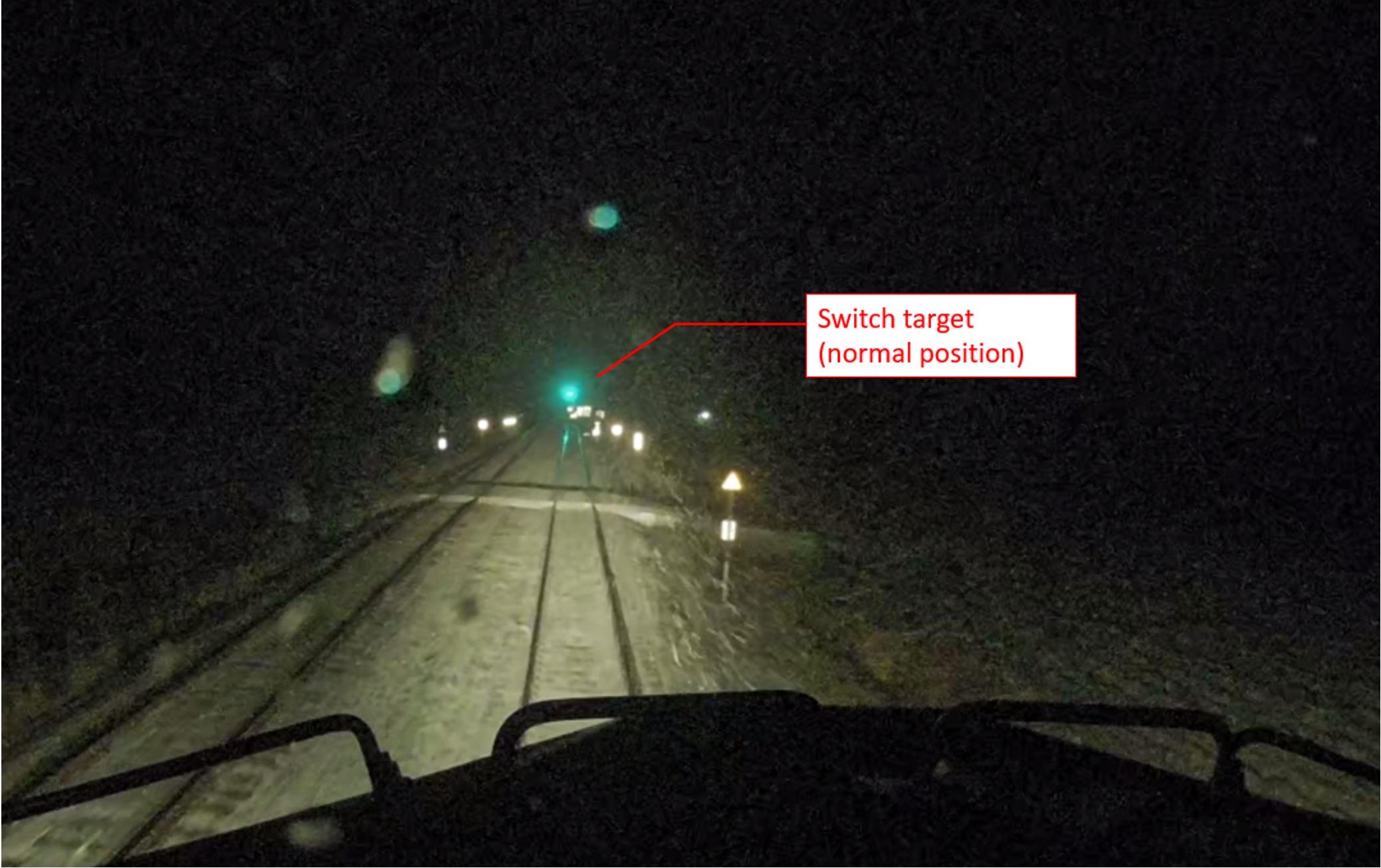 Image from the locomotive’s forward-facing video camera recording (Source: CN, with TSB annotations)