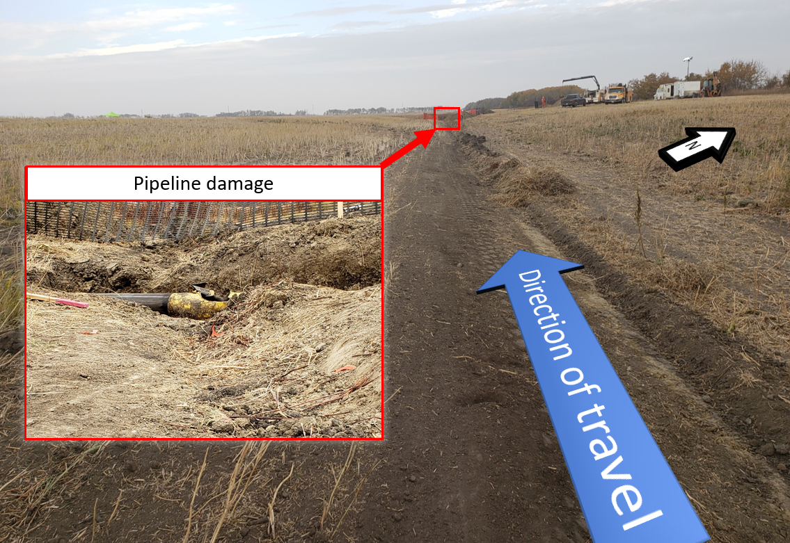 Occurrence location showing the direction of travel, with inset photo showing the damage to the pipeline (Source: TSB)