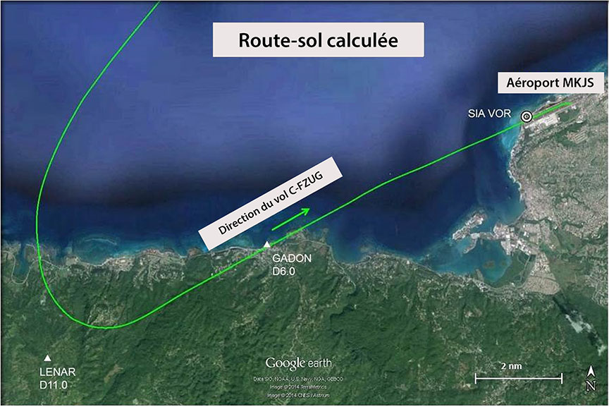 Route-sol de l'aéronef avec repères d'approche (Source : Google Earth, avec annotations du BST)