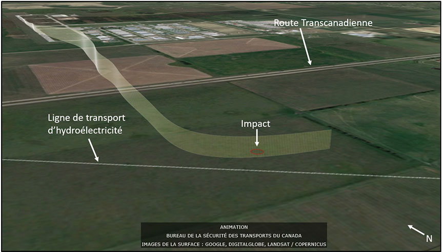 rajectoire de vol de l'aéronef à l'étude : saisie d'écran d'une animation par le Laboratoire d'ingénierie du BST des données lissées du système de multilatération à couverture étendue – vue vers le nord-est