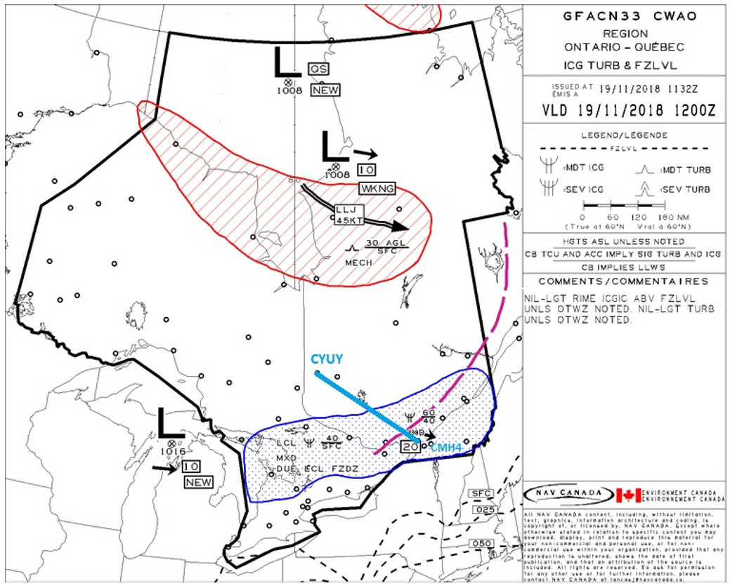 Annexe C — Prévision de zone graphique « Givrage, turbulence et niveau de congélation » pour la région Ontario-Québec, émise à 0632 le 19 novembre 2018
