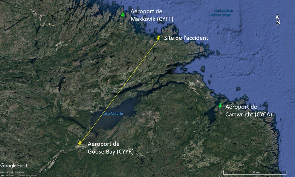 Trajectoire du vol à l’étude (Source : Google Earth, avec annotations du BST) 