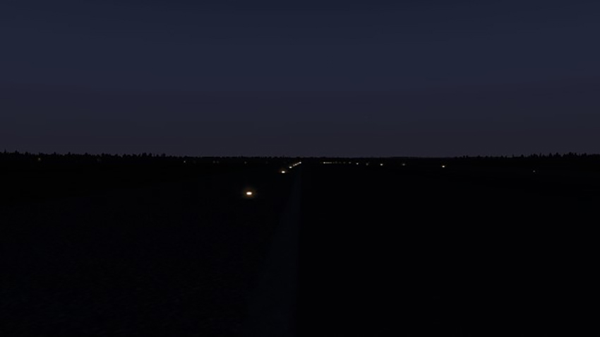 Feux de bord de piste vus par le pilote lorsque l’avion est sur le bord gauche de la piste (Source : BST, image créée à l’aide de X-Plane Flight Simulator)