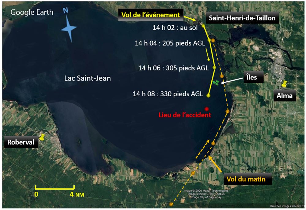 Représentation du vol du matin (ligne pointillée) et du vol de l’événement (ligne continue) (Source : Google Earth, avec annotations du BST reposant sur les données du système de suivi des vols)