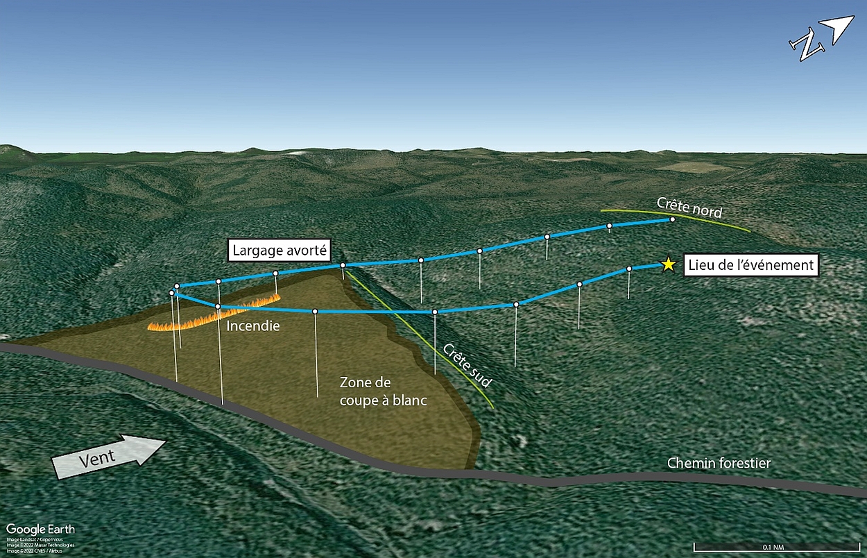 Profil approximatif de la trajectoire de vol (Source : Google Earth, avec annotations du BST)