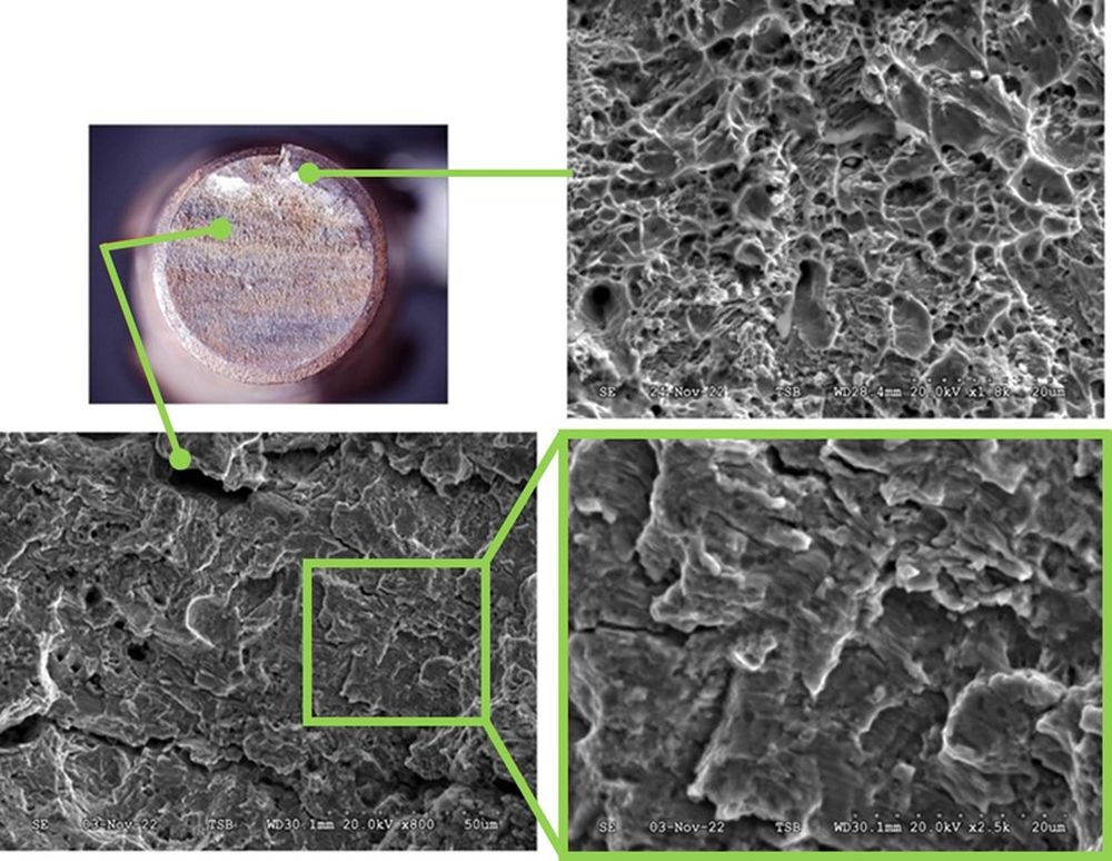 Surface de fracture de la chape avant gauche (image en haut à gauche), fossettes ductiles (en haut à droite) et micrographies montrant les stries et fissures secondaires (images en bas) (Source : BST)