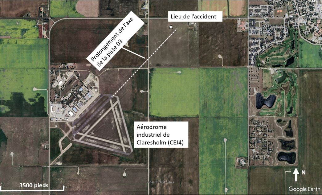 Carte montrant l’aérodrome et le lieu de l’accident (Source : Google Earth, avec annotations du BST)