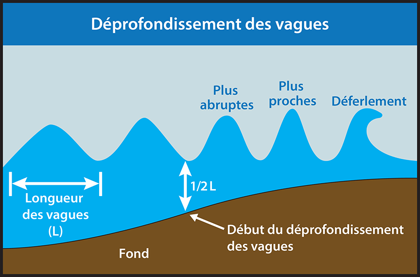 Figure 3. Changements physiques des vagues s'approchant d'une zone peu profonde (Source : Environnement et Changement climatique Canada,  <em>Guide de météo marine national</em>, chapitre 3) 