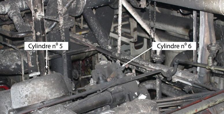 Dommages aux cylindres no 5 et no 6 du moteur principal bâbord et à proximité. Le couvercle du cylindre no 6 a été détruit par l’incendie. (Source : BST)