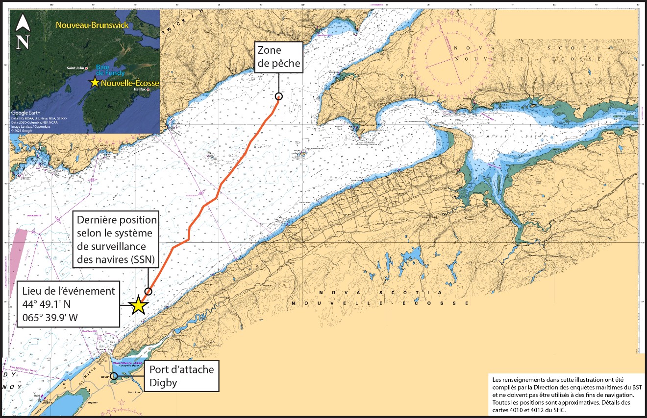 Secteur de l’événement, montrant la zone de pêche et la position du dernier signal émis par le SSN (Source de l’image principale : Cartes 4010 et 4012 du Service hydrographique du Canada, avec annotations du BST. Source de l’image en médaillon : Google Earth, avec annotations du BST)
