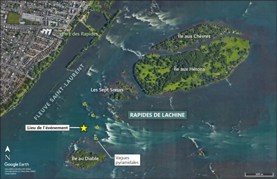 Carte indiquant le lieu de l’événement juste avant le chavirement et les vagues pyramidales des rapides de Lachine (Source : Google Earth, avec annotations du BST)