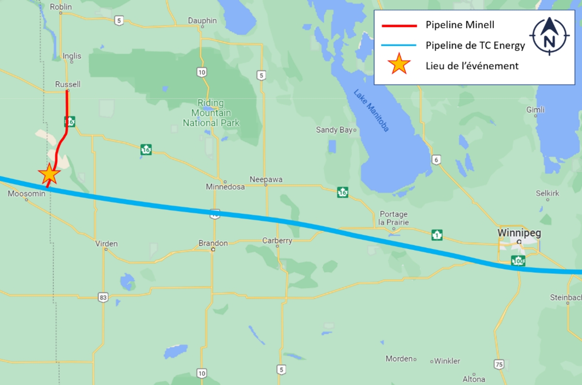 Carte indiquant le lieu de l’événement, près de McAuley (Manitoba) (Source : Google Earth, avec annotations du BST)