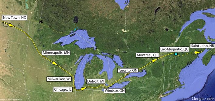 Carte du itinéraire approximatif des wagons-citernes du MMA-002, qui ont traversé Toronto et Montréal en route vers Lac-Mégantic