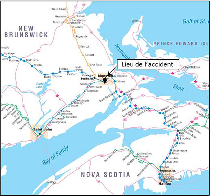 Figure 1. Lieu de l'accident (Source : Association des chemins de fer du Canada,  <em>Atlas des chemins de fer canadiens</em>, avec annotations du BST) 