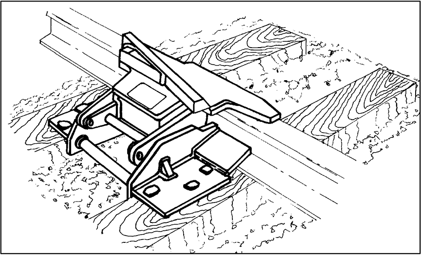 Exemple d'un dérailleur à charnière placé entre les rails en position de déraillement