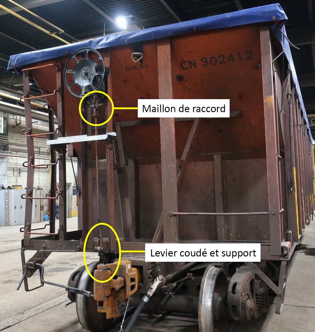 Wagon CN 302412 avec le frein à main serré et le support du levier coudé coupé pour simuler un bris (Source : BST)