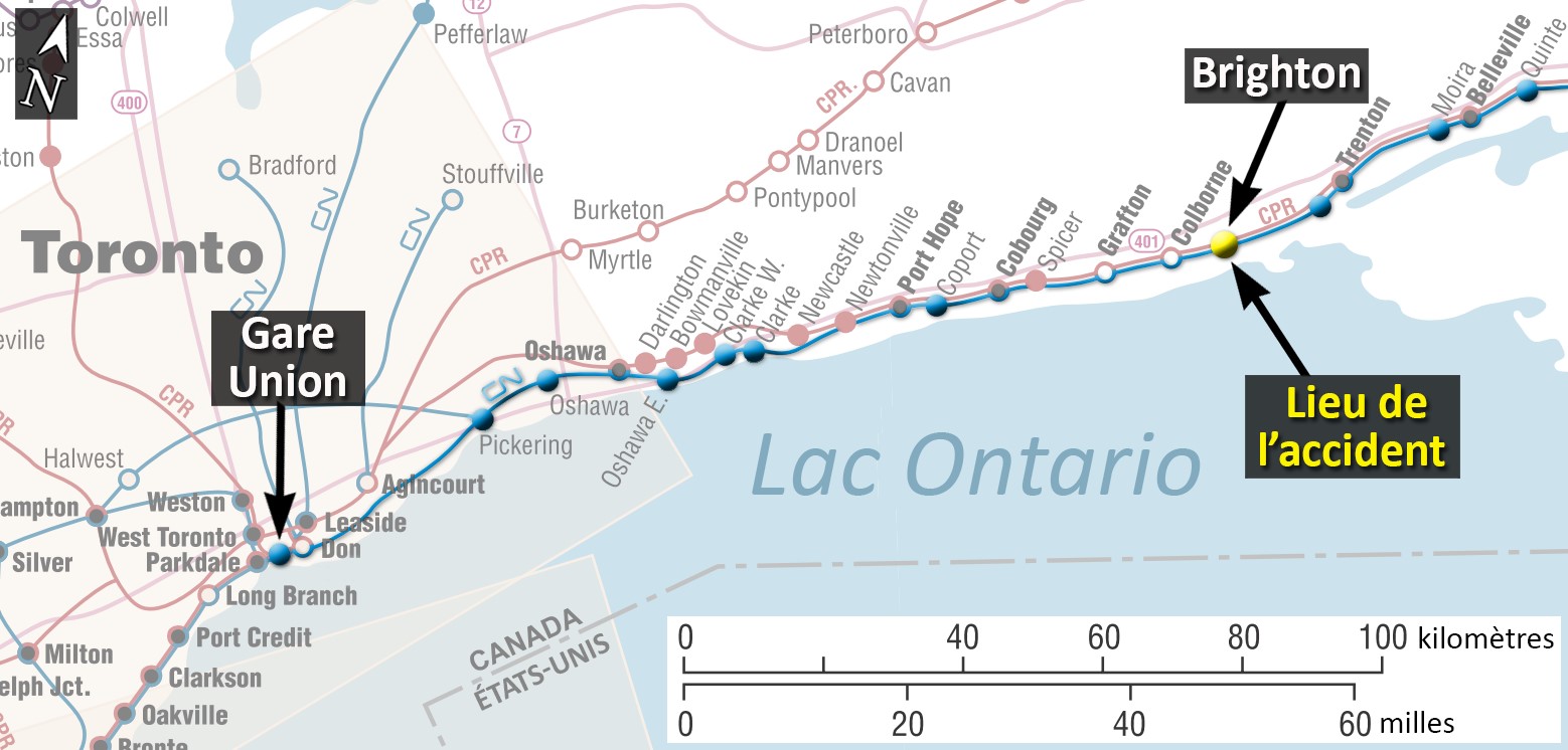 Carte du lieu de l’accident (Source : Association des chemins de fer du Canada, Atlas du rail canadien, avec annotations du BST)