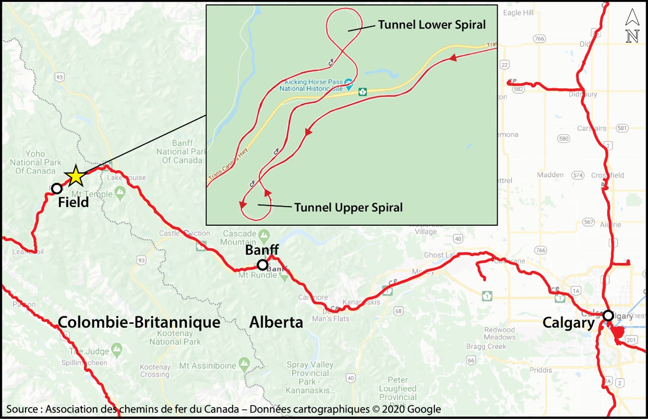 Carte du lieu de l’événement, avec carte en médaillon montrant le lieu de l’événement et la configuration du tunnel Upper Spiral et du tunnel Lower Spiral (Source : Association des chemins de fer du Canada, Atlas du rail canadien, avec annotations du BST)