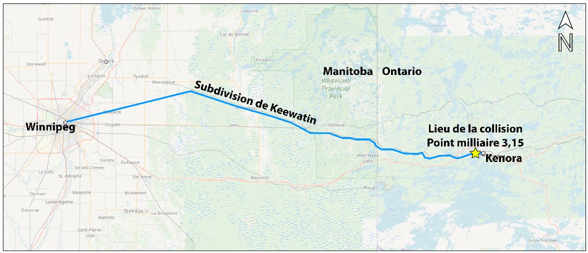 Carte de la subdivision de Keewatin montrant le lieu de l’événement (Source : Association des chemins de fer du Canada, <em>Atlas des chemins de fer canadiens</em>, avec annotations du BST)