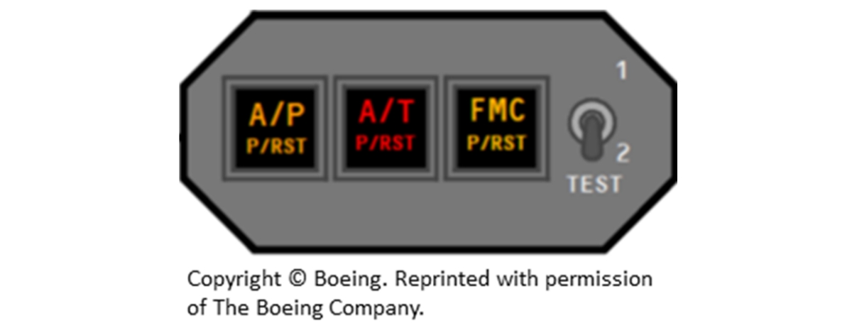 Figure 6. Autopilot (A/P) and autothrottle (A/T) indicator, which houses the A/P and A/T disengage lights (Source: The Boeing Company)