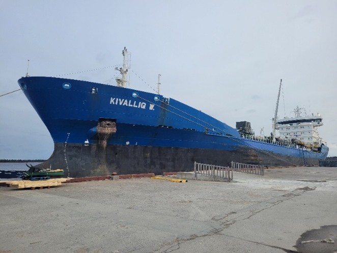 Figure 1. The oil and chemical tanker <em>Kivalliq W.</em> docked in Happy Valley-Goose Bay, Newfoundland and Labrador, following the tank explosion that occurred during ship-to-ship transfer operations on 15 October 2025 in Baker Lake, Nunavut (Source: TSB)