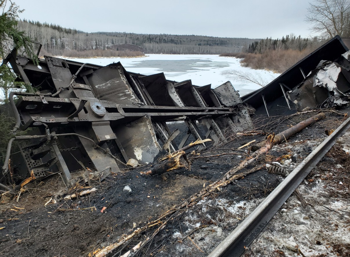 Derailed hopper cars following the main-track derailment near Vanderhoof, British Columbia. (Source: TSB)