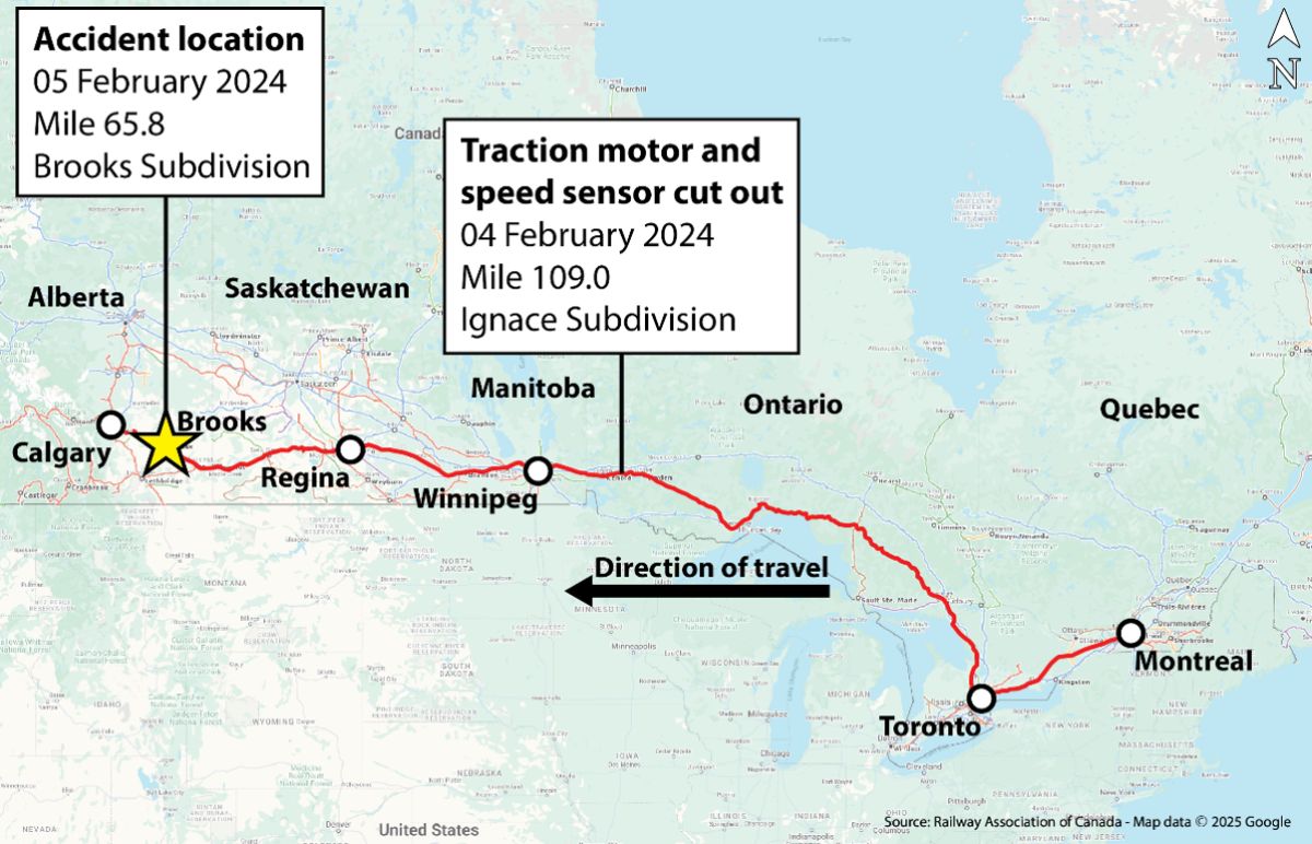  Figure 1. Map of the train’s route, showing the location where the train stopped on the Ignace Subdivision due to traction motor issues on locomotive KCS 4767 and the location where it derailed on the Brooks Subdivision