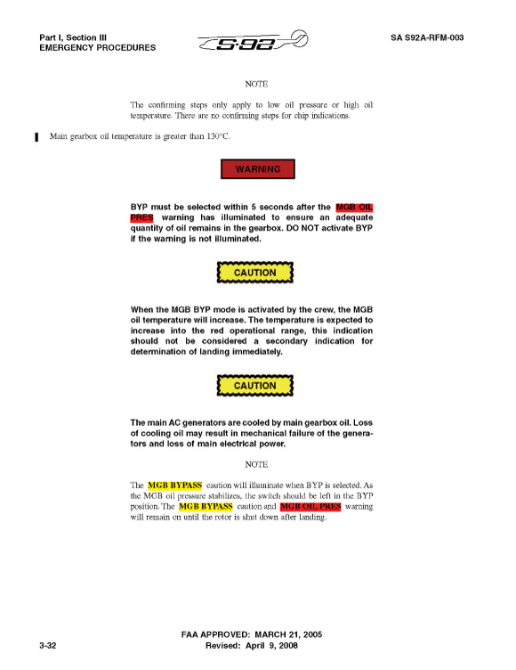Images des procédures applicables en cas de mauvais fonctionnement de la BTP du S-92A (tirées du RFM )