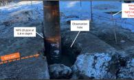 Figure 3. NPS 20 pipe installed 5.8 m deep into observation hole on the day of the occurrence (Source: Westcoast, with TSB annotations)
