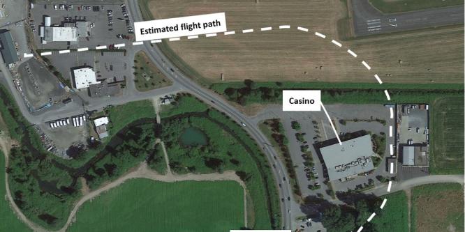 Figure 1. The aircraft’s estimated flight path based on dashcam video (Source: Google Earth, with TSB annotations)