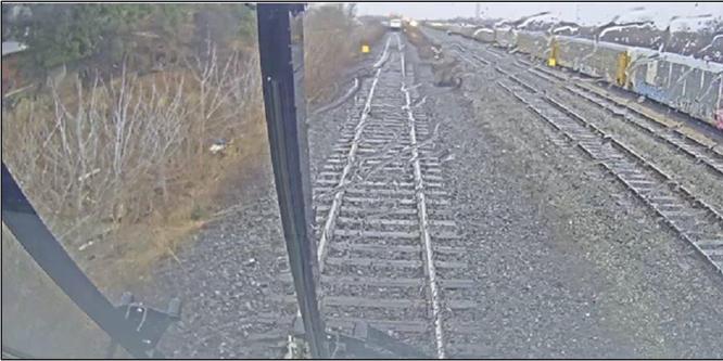 Figure 2. Head end of train GO 1028, as seen from the cab car of GO 1775, after both trains had stopped (Source: Metrolinx)